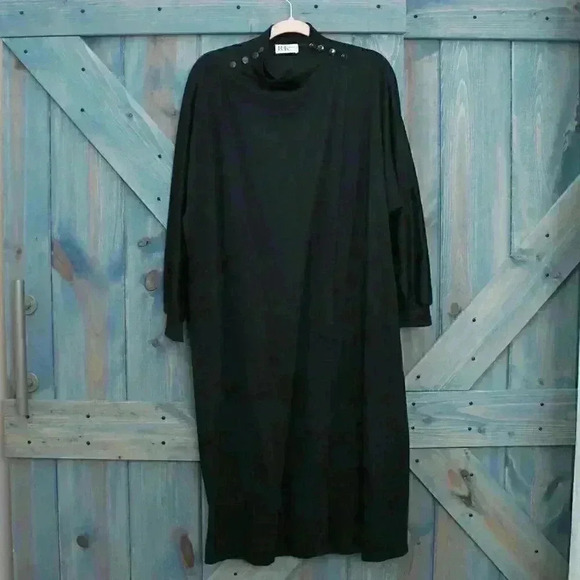 1970s Black Wrap Dress Coat Vintage Polyester Belted Size Medium - Picture 5 of 8